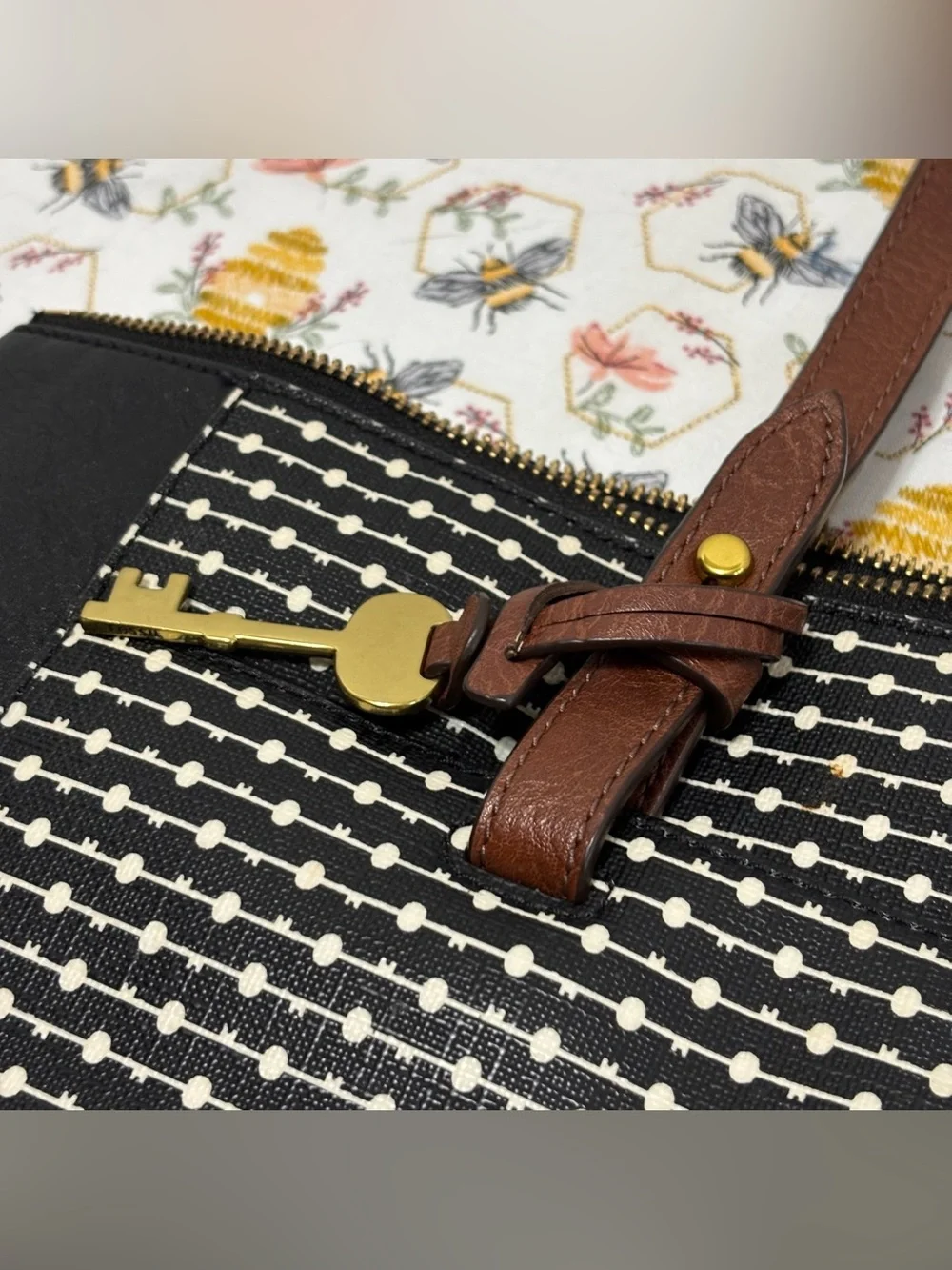 Fossil Black & White Dot-Striped Tote with Brown Leather Handles